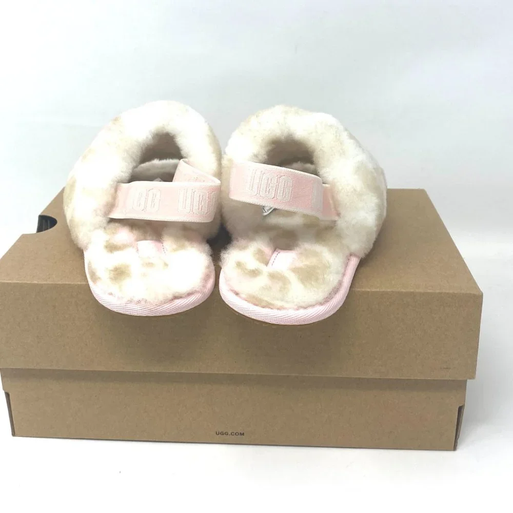 UGG Kids Size 11T 1123641T WHT FLUFF YEAH SLIDE PANTHER PRINT Sandal White Beige - Picture 6 of 9